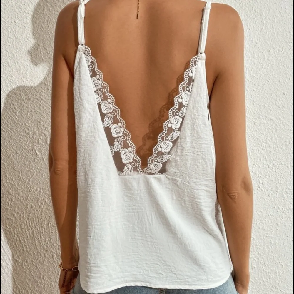 Boho Embroidery Lace Sheer Mesh Backless Cami Tank Top Black - Picture 10 of 10